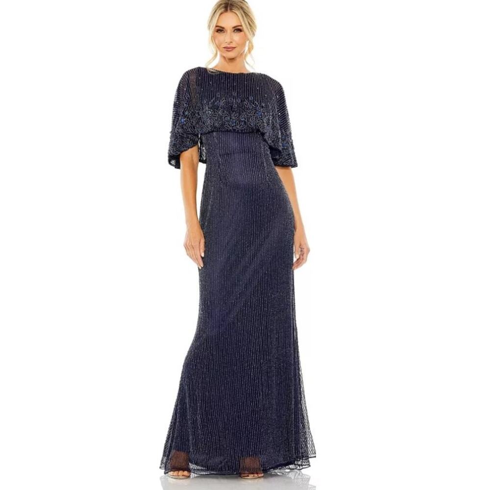 MAC DUGGAL High Neck Column Beaded Gown w/ Cape Size 12 Blue Formal Dress